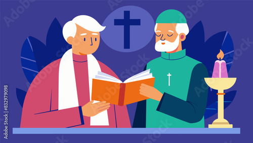 Two church elders stop to read the description of a sacred relic discussing its background and importance to their faith.. Vector illustration