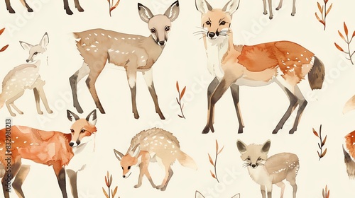 seamless pattern flat watercolor animals in soft browns and tans with deer and foxes