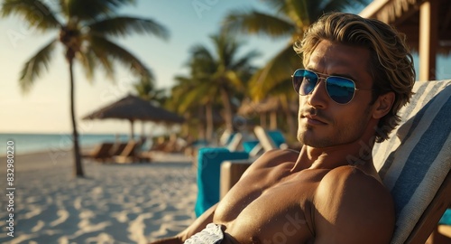 sexy guy relaxing on beach resort background