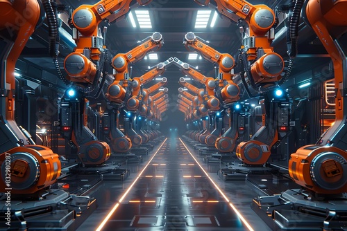 A futuristic factory with rows of orange robotic arms working automatically under bright lights, depicting industrial automation and technology. photo
