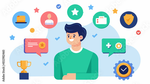 As the session progresses participants can unlock achievements and reach milestones earning virtual rewards and badges that they can use to customize. Vector illustration