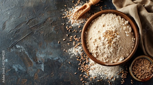 Top view of freshly ground whole wheat flour in wooden table background photo