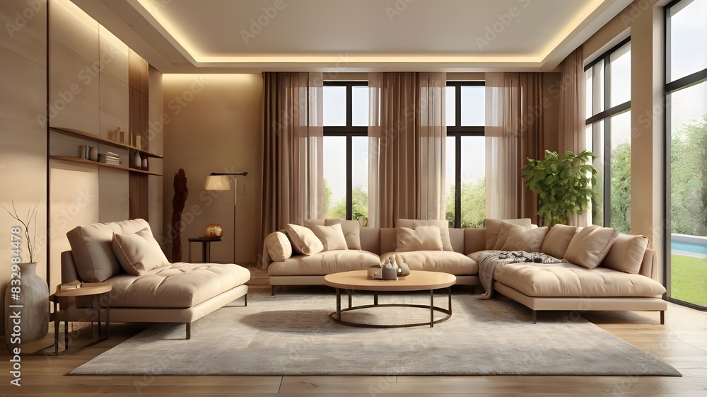 Fototapeta premium Modern villa living room design interior, beige furniture, bright walls, hardwood flooring, sofa, armchair with lamp. Concept of relax. 3d rendering