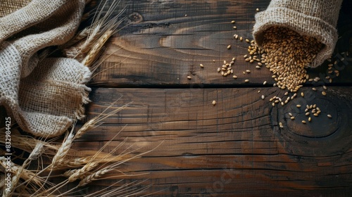 freshly harvested grains in a wooden copy space background wallpaper, food ingredient concept for designer photo