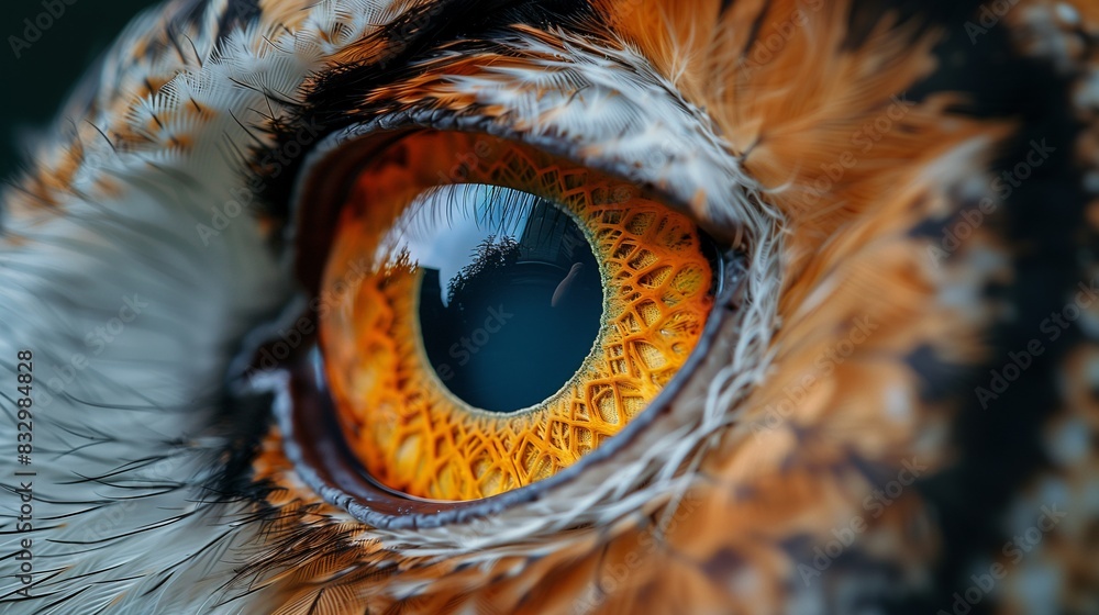 Extreme close-up of a beautiful and impressive owl's eye, iris, pupil, feathers. Extreme close-up of a beautiful and impressive owl's eye, iris, pupil, feathers.