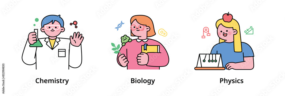 Cute student characters learning various things at school. Chemistry, biology, physics class. outline simple vector illustration.