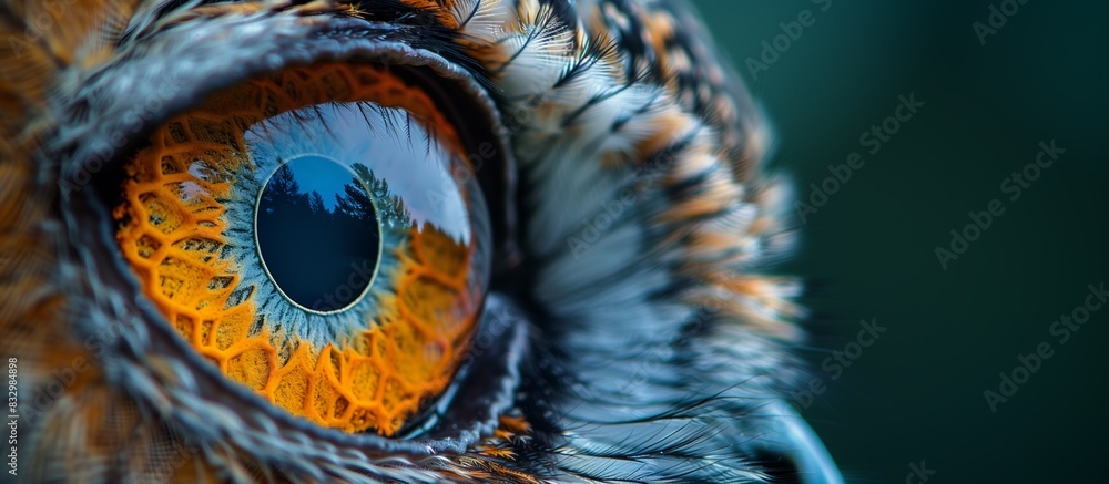 Extreme close-up of a beautiful and impressive owl's eye, iris, pupil, feathers. Extreme close-up of a beautiful and impressive owl's eye, iris, pupil, feathers.