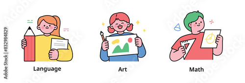 Cute student characters learning various things at school. Langguage, art, math class. outline simple vector illustration.