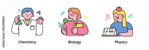 Cute student characters learning various things at school. Chemistry, biology, physics class. outline simple vector illustration.