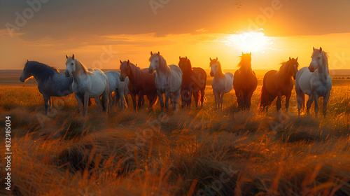 A serene nature steppe scene with a herd of wild horses grazing peacefully photo