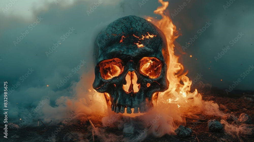Ghastly Spectacle: Witness the Burning Horror of a Massive Screaming Skull, Surrounded by Mist and Eerie Atmosphere, Conjuring Fright and Terror. Copy Space. Ghastly Spectacle: Witness the Burning Horror of a Massive Screaming Skull, Surrounded by Mist and Eerie Atmosphere, Conjuring Fright and Terror. Copy Space.