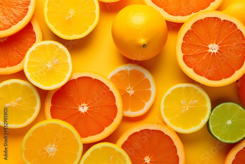 Variety of fresh citrus fruits on a vibrant orange background