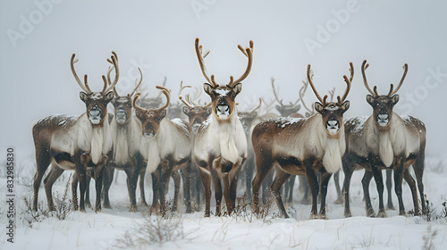 A serene nature tundra scene with a herd of reindeer grazing in the snow-covered landscape