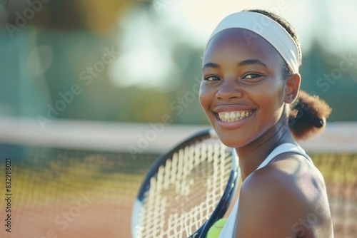 Happy young woman playing tennis, sport, copy space © A Denny Syahputra