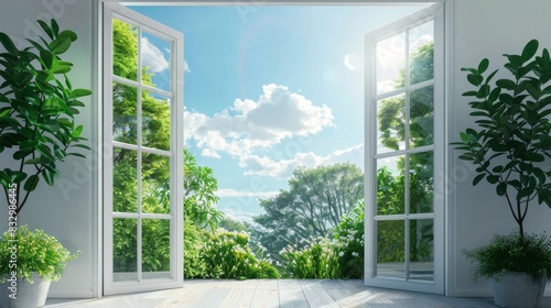 An open door leads to a bright  sunny landscape with lush greenery and blue skies  creating a serene and inviting atmosphere.