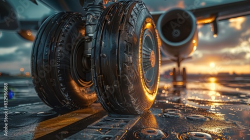 Extreme close-up of airplane wheels during landing, highlighting the friction marks, metal parts, and hydraulic pistons photo