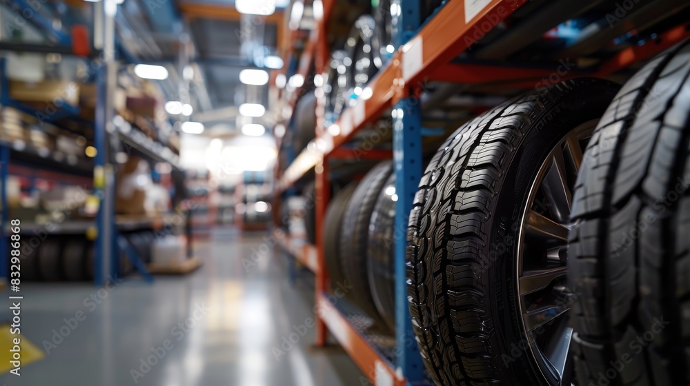 Detailed image of a new highway terrain tire, placed on a sturdy and clean tire storage shelving unit in a professional auto workshop Detailed image of a new highway terrain tire, placed on a sturdy and clean tire storage shelving unit in a professional auto workshop