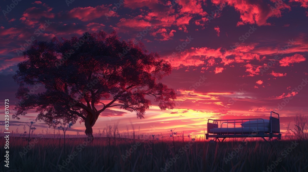 Dramatic landscape with a hospital bed, red and purple hues in the sky at sunset, a dark tree silhouette adding depth to the scene Dramatic landscape with a hospital bed, red and purple hues in the sky at sunset, a dark tree silhouette adding depth to the scene