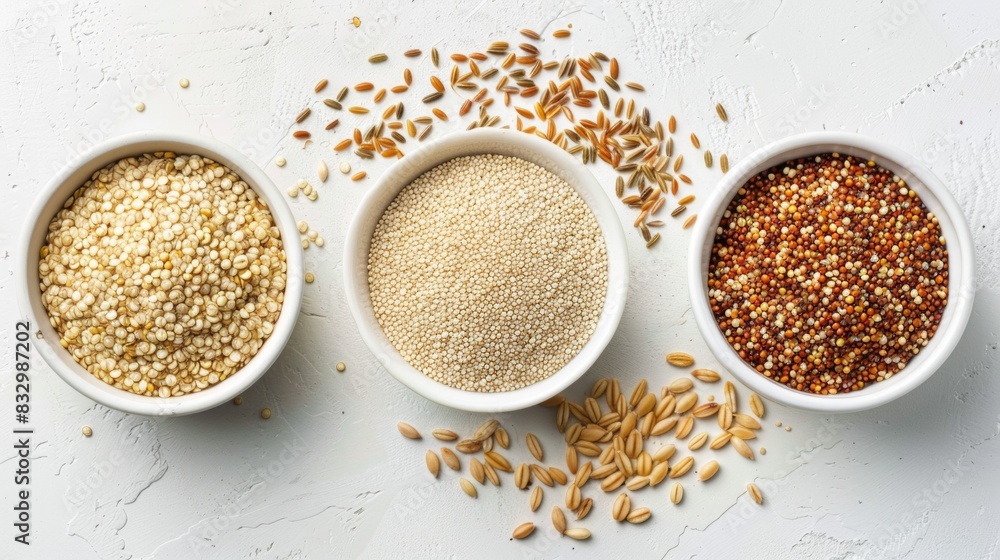 Top view of quinoa barley and amaranth in small bowl on white background Top view of quinoa barley and amaranth in small bowl on white background