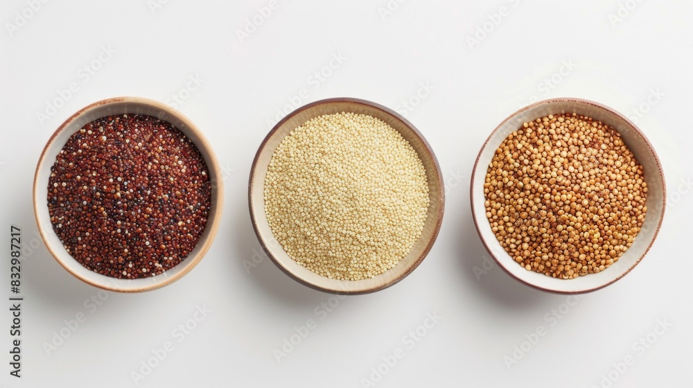 Top view of quinoa barley and amaranth in small bowl on white background Top view of quinoa barley and amaranth in small bowl on white background