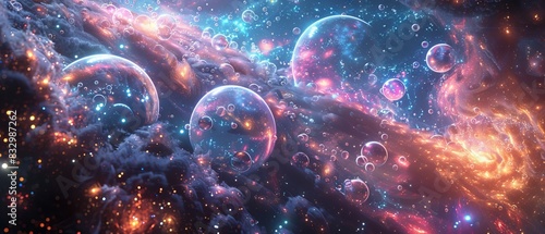 Enigmatic cosmic orbs glowing in the vast expanse of space, depicting multiple worlds with intricate, fantastical details