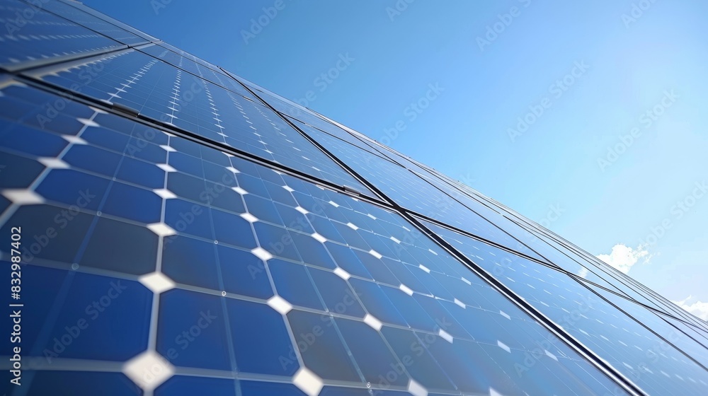 Close-up of gleaming solar panels under a clear blue sky, showcasing clean and renewable energy technology in sunny weather. Close-up of gleaming solar panels under a clear blue sky, showcasing clean and renewable energy technology in sunny weather.