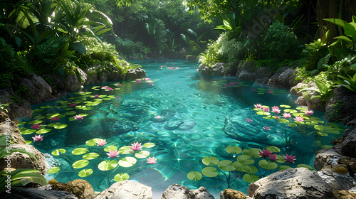 A serene nature water hole surrounded by lush vegetation and clear blue water  the sky clear and blue above