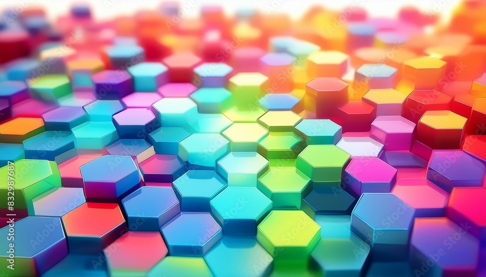 A vibrant and playful array of hexagons in all colors of the rainbow, arranged randomly with A vibrant and playful array of hexagons in all colors of the rainbow, arranged randomly with