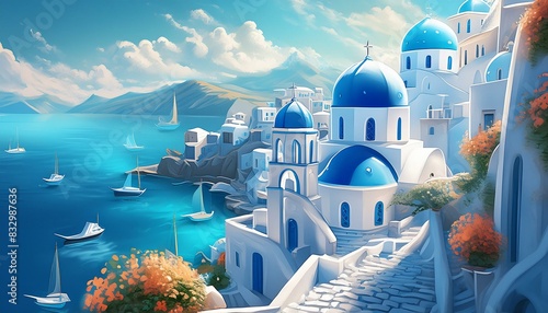  A picturesque Greek island village, with whitewashed houses, blue-domed churches,