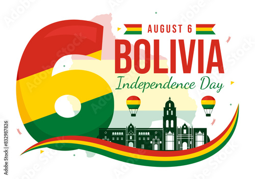 Bolivia Independence Day Vector Illustration on August 6 with Waving Flag and Ribbon in a Festive National Holiday Flat Cartoon Background