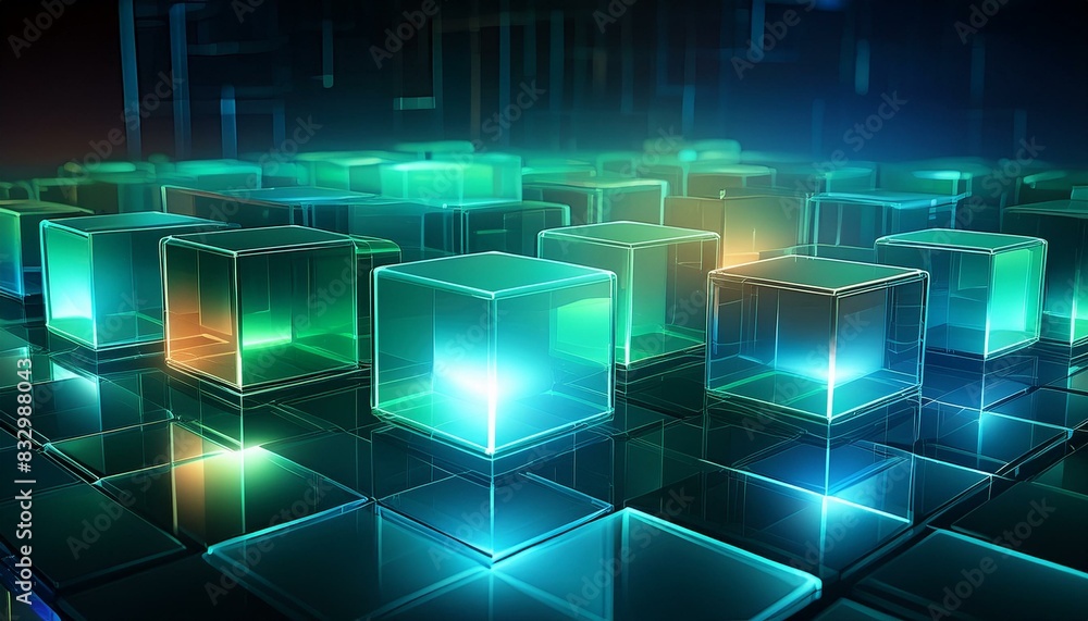 Semi-transparent, glowing cubes hovering in a dark, empty space, casting subtle shadows. Semi-transparent, glowing cubes hovering in a dark, empty space, casting subtle shadows.