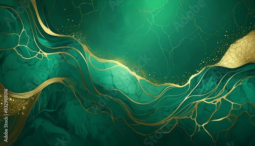  Rich emerald green background with delicate gold veins running through, creating a luxurious