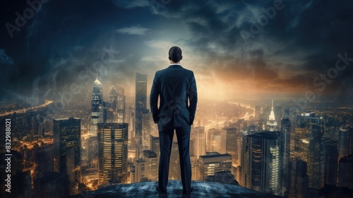 a young, visionary businessman looking out over a cityscape, imagining the future of business.