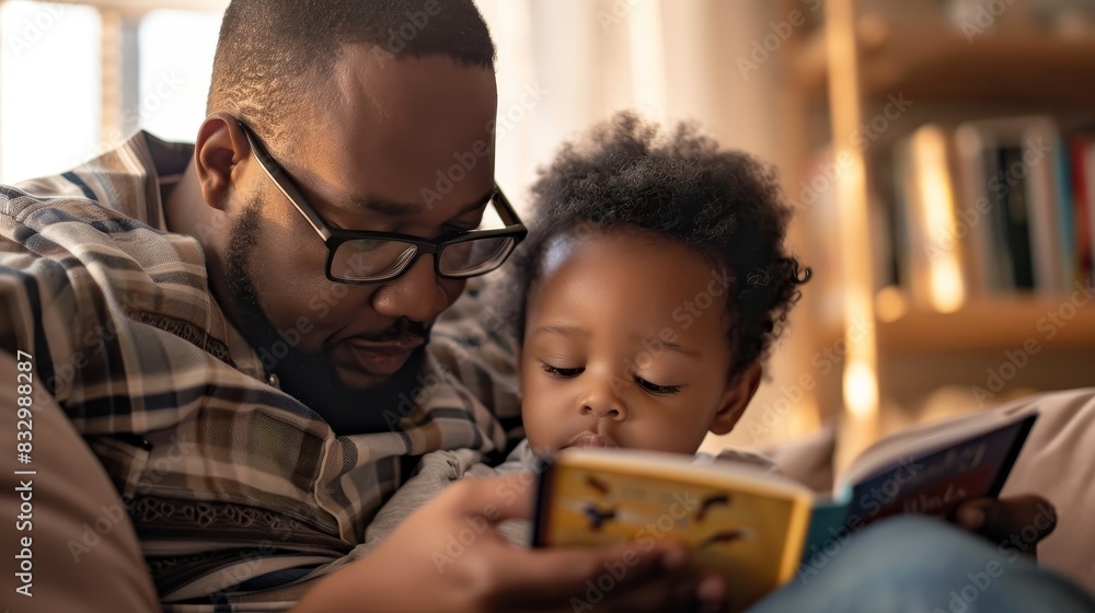 Father reading a book to his child in a cozy home setting, highlighting concepts of education, bonding, and family time. Father reading a book to his child in a cozy home setting, highlighting concepts of education, bonding, and family time.