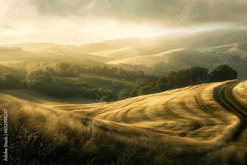 A landscape of rolling hills with paths of gold and silver