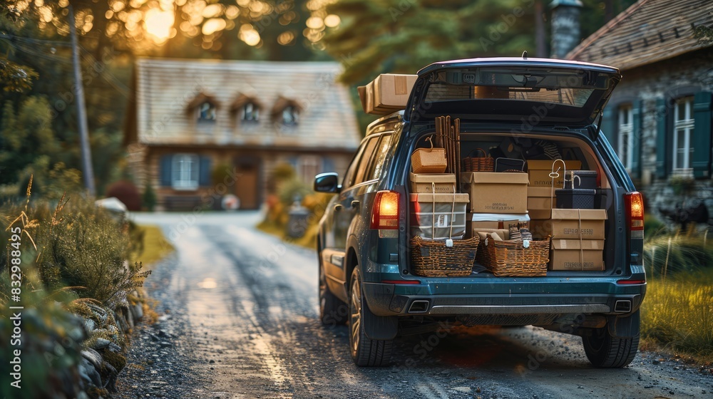 Fototapeta premium The trunk of car is full with cardboard boxes, bags and other objects from moving in front of an apartment building at summer. Back to school concept.