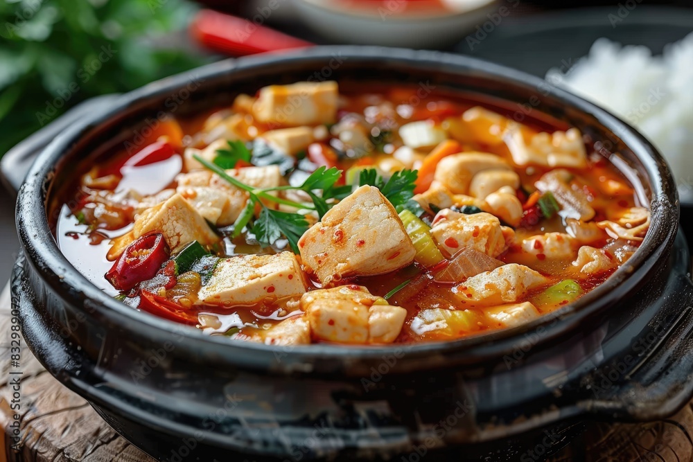 Korean Comfort Food: Indulge in the Spicy Goodness of Sundubu Jjigae (Soft Tofu Stew), a Nourishing Dish Filled with Traditional Korean Flavors. Korean Comfort Food: Indulge in the Spicy Goodness of Sundubu Jjigae (Soft Tofu Stew), a Nourishing Dish Filled with Traditional Korean Flavors.