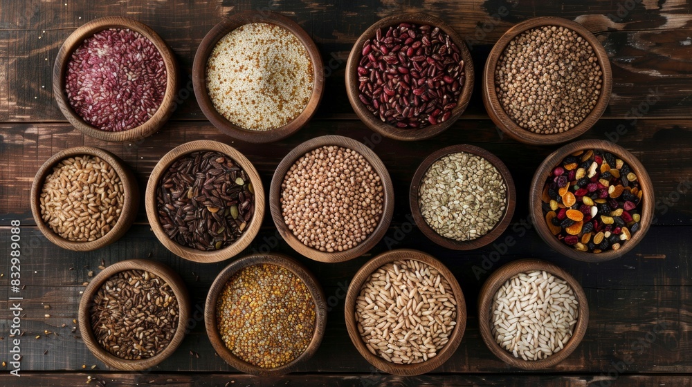 Arranged clay bowls with uncooked pulses, grains and seeds on white wood from above. spices background wallpaper Arranged clay bowls with uncooked pulses, grains and seeds on white wood from above. spices background wallpaper