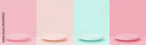 Set of pastel colors scene background with 3d stage podium minimal style.  Vector illustration.