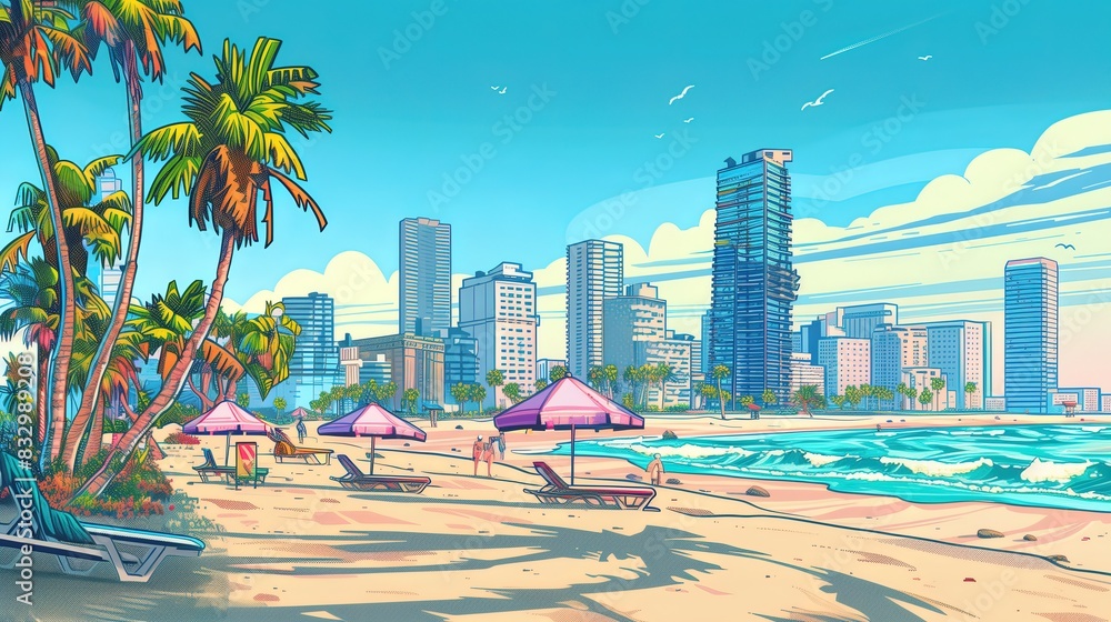 Fototapeta premium A landscape illustration of a prosperous beach city in summer, in the style of comics