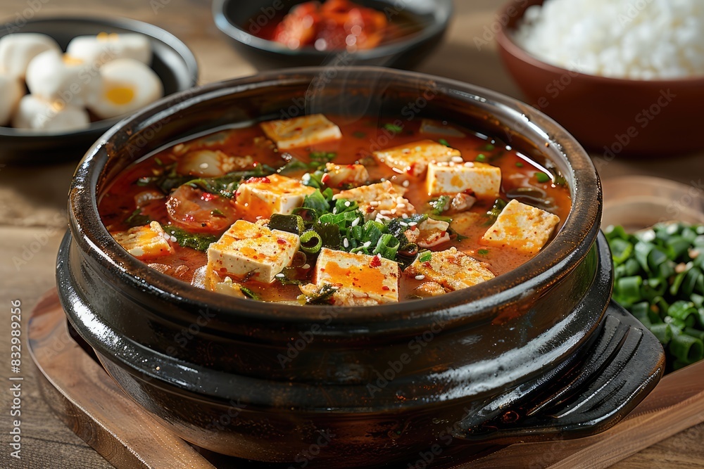 Korean Comfort Food: Indulge in the Spicy Goodness of Sundubu Jjigae (Soft Tofu Stew), a Nourishing Dish Filled with Traditional Korean Flavors.