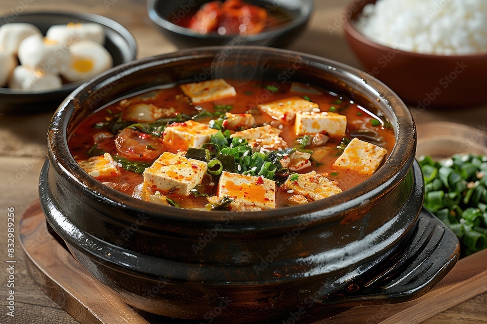 Korean Comfort Food: Indulge in the Spicy Goodness of Sundubu Jjigae (Soft Tofu Stew), a Nourishing Dish Filled with Traditional Korean Flavors. Korean Comfort Food: Indulge in the Spicy Goodness of Sundubu Jjigae (Soft Tofu Stew), a Nourishing Dish Filled with Traditional Korean Flavors.