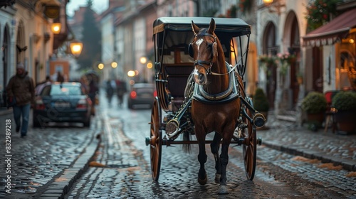 Horse carriage with intricate details, cobblestone street in an old town, 8k, ultra HD, realistic, high resolution, cinematic photograph, isolated background, studio lighting