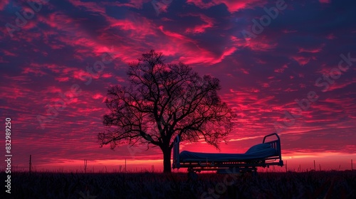 Hospital bed illuminated by the red-purple sky of sunset, with a stark black silhouette of a tree creating a dramatic nature scene