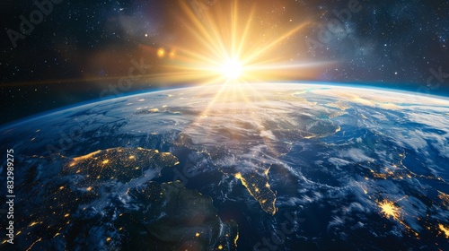 Stunning view of Earth from space with a bright sunrise illuminating the horizon and highlighting geographical features and glowing cities.