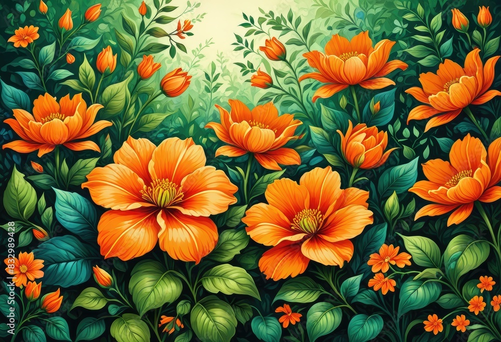 artwork depicting abstract floral patterns with a retro feel, highlighting vibrant orange blooms and rich green foliage
