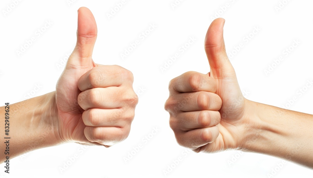 Two hands showing thumbs up gesture isolated on white background, symbolizing approval, agreement, or positivity. Two hands showing thumbs up gesture isolated on white background, symbolizing approval, agreement, or positivity.
