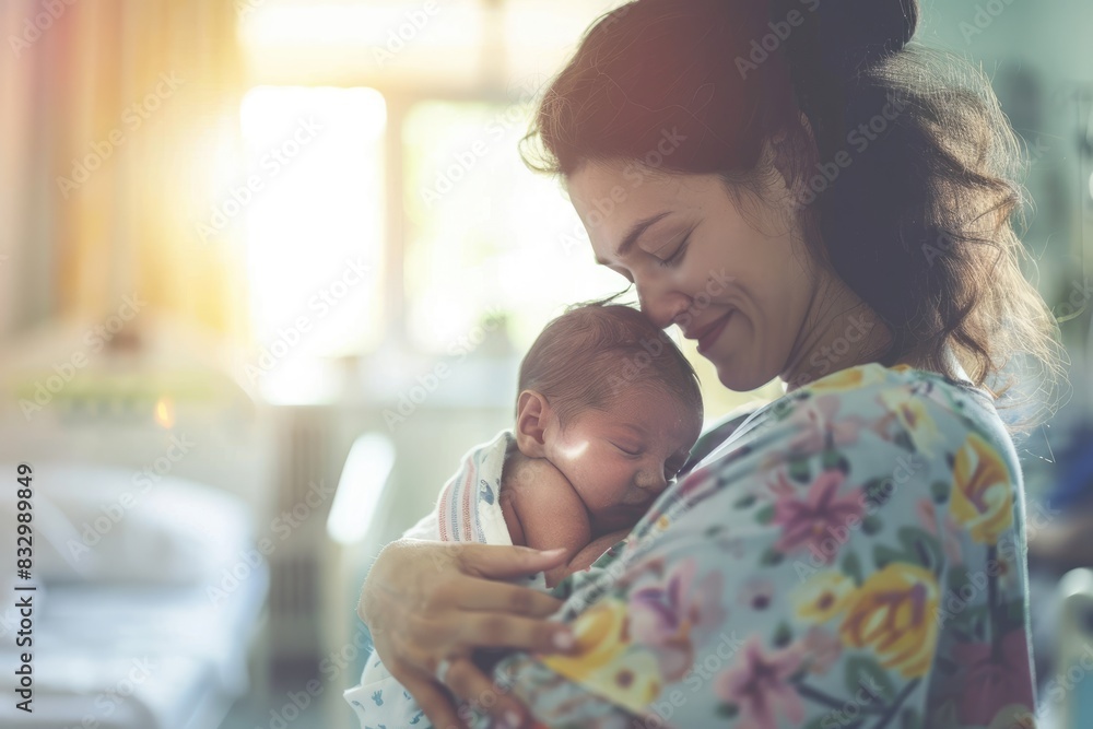 Φωτογραφία Overwhelmed with Joy: A Mother Happily Holds Her Newborn, Her Smile Radiating Love After Childbirth in Hospital