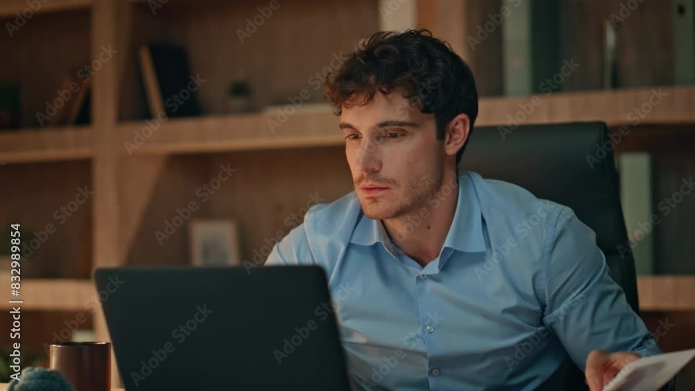 Financial manager rejoicing success working late workplace close up. Man dancing Financial manager rejoicing success working late workplace close up. Man dancing