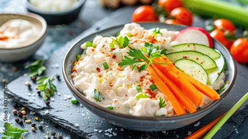 Fish dip served with boiled vegetables and sauce